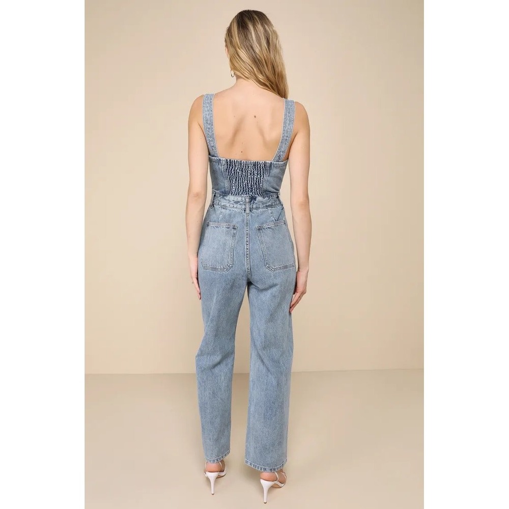 NWT Lulus Fresh Perfection Light Wash Bustier Sleeveless Denim Jumpsuit Large - Picture 4 of 5